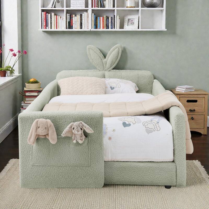 Twin Size Upholstered Platform Bed with Rabbit Ear Headboard, Kids Boucle Fabric Bed Frame with Safety Rail and Pocket