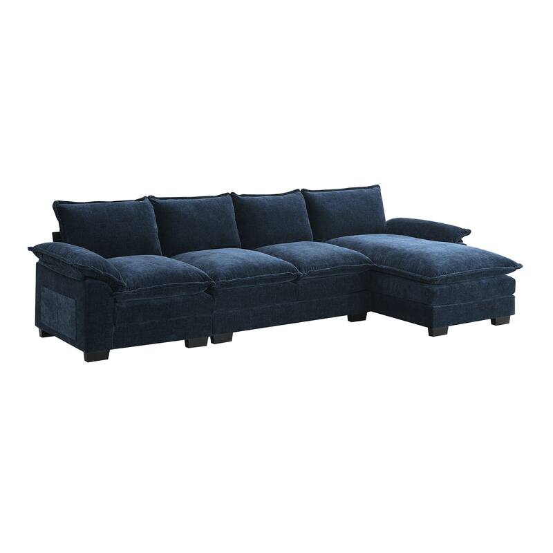 Chenille Upholstered Sectional Sofa with Chaise and Storage Pockets, 5 Seat Lounge Cloud Couch L-shaped Recliner Couches