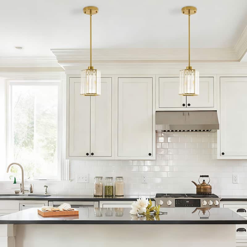 1-Light Crystal Pendant Lighting Fixtures for Sloped Ceiling - Brushed Gold - 2 Pack