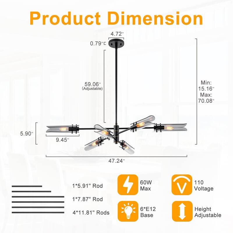 6-Light Modern Branch Chandelier 2-in-1 Curved Smoke Glass Panels - Dia.47.24-in