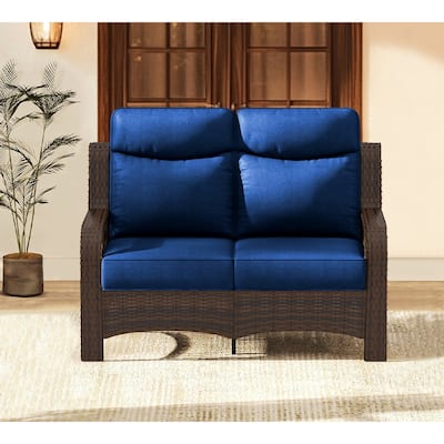 25 in. High Back Outdoor Loveseat with 5 in. Thick Cushions, 2-Seat Rattan Sofa for Porch, Wicker Loveseat Chair