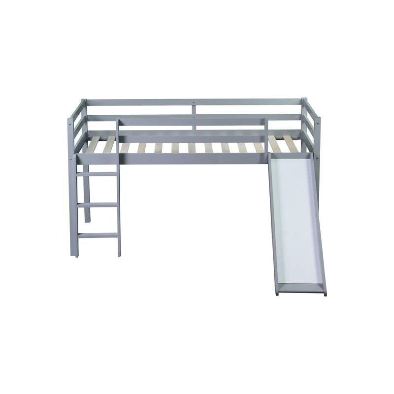 Low Loft Twin Bed with Slide, Ladder, Safety Rails, Rubber Wood Frame, Grey