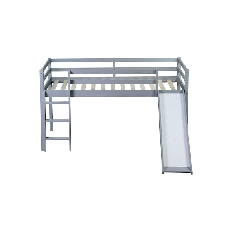 Twin Low Loft Bed Frame with Smooth Slide, Ladder, Safety Guardrails, Durable Rubber Wood Loft Bed with Underbed Storage