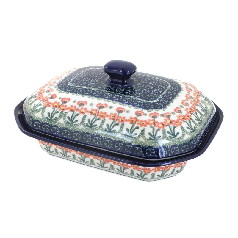 Blue Rose Polish Pottery 662 Ceramika Artystyczna Medium Covered Baker - Peach Posy