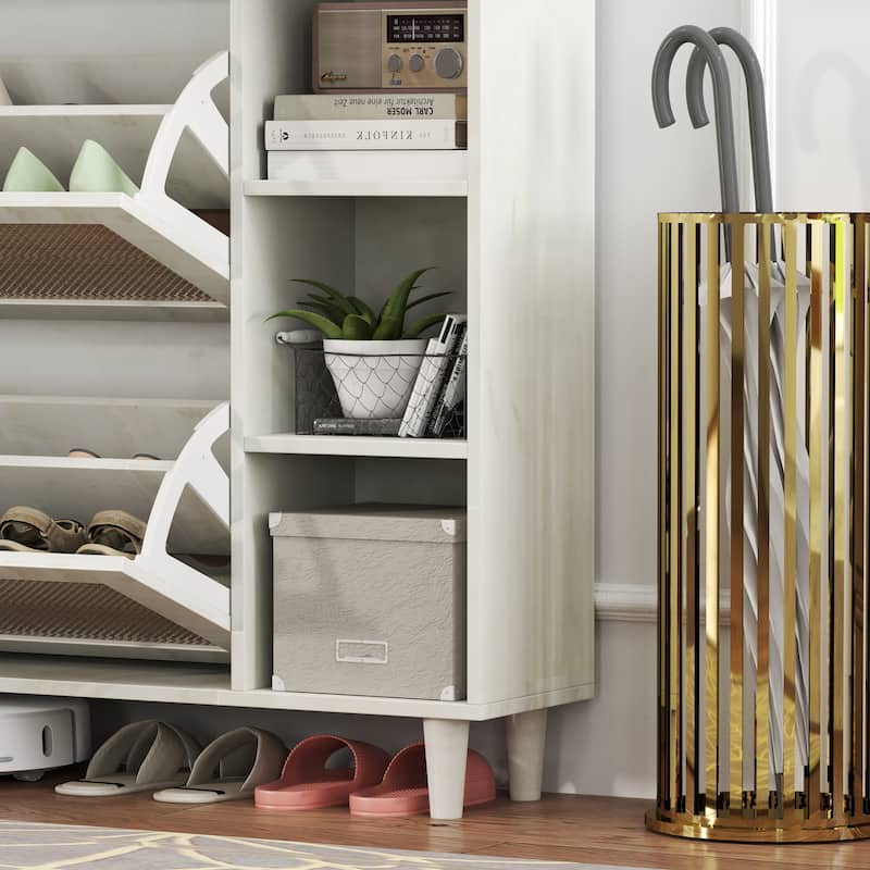Freestanding Shoe Storage Cabinet, Narrow Hidden Shoe Rack with 3 Rattan Flip Drawers, 3 Square Shelves & 1 Storage Drawer