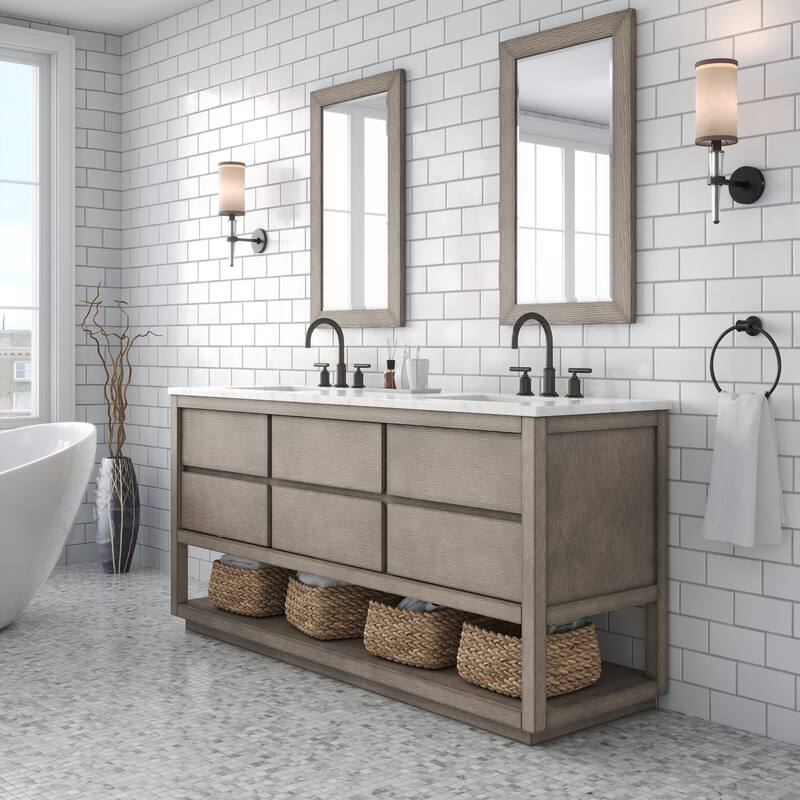 Oakman Carrara White Marble Countertop Bath Vanity in Grey Oak with Mirror