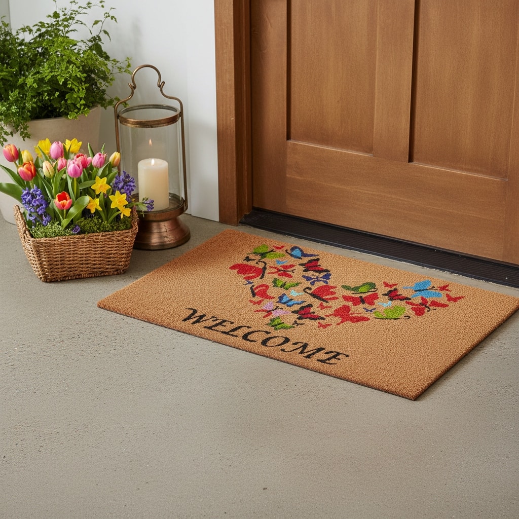 HomeRoots 17" X 29" Brown And Red Butterfly Heart Welcome Outdoor Coir Door Mat - 17.00' X '29.00