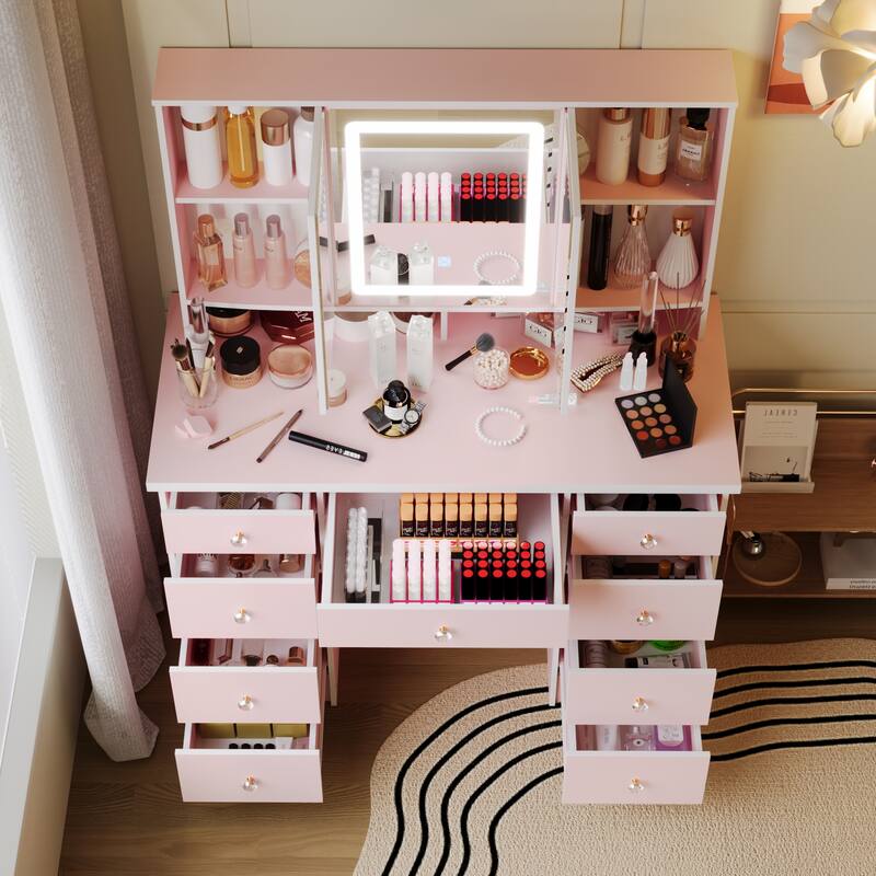 9-Drawer Vanity Set with Crystal Pulls and Versatile Mirror Lighting