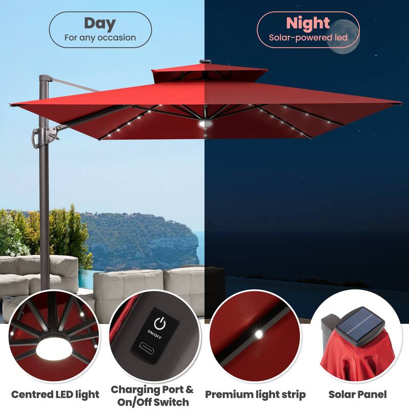 9 x 11 FT Outdoor LED Lighted Patio Cantilever Umbrella with 4-Piece Fillable Weighted Base
