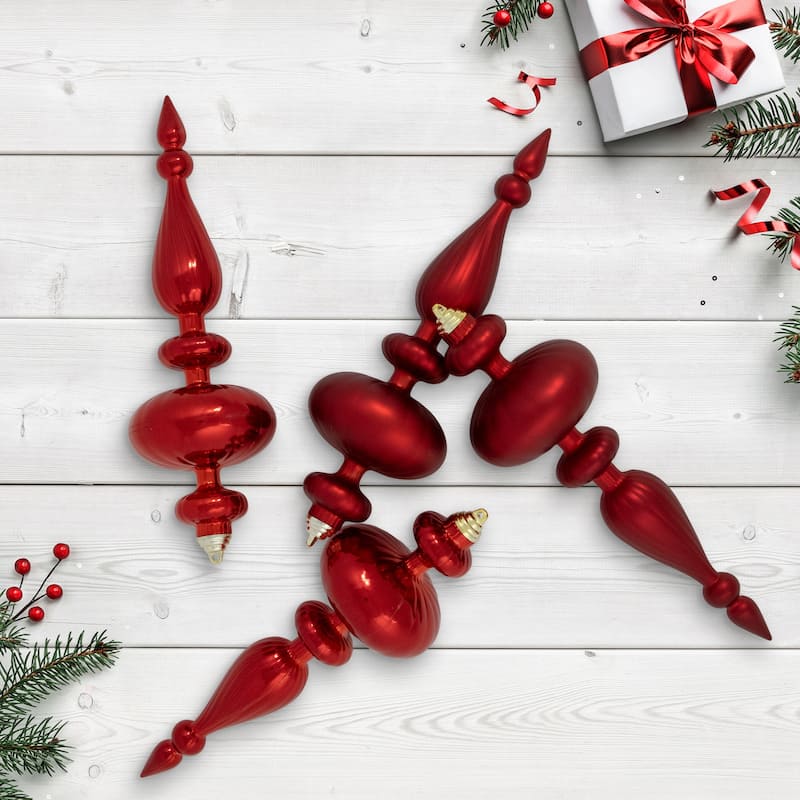 Commercial Size 2-Finish Christmas Finial Shatterproof Ornaments - Red -12" - 4ct