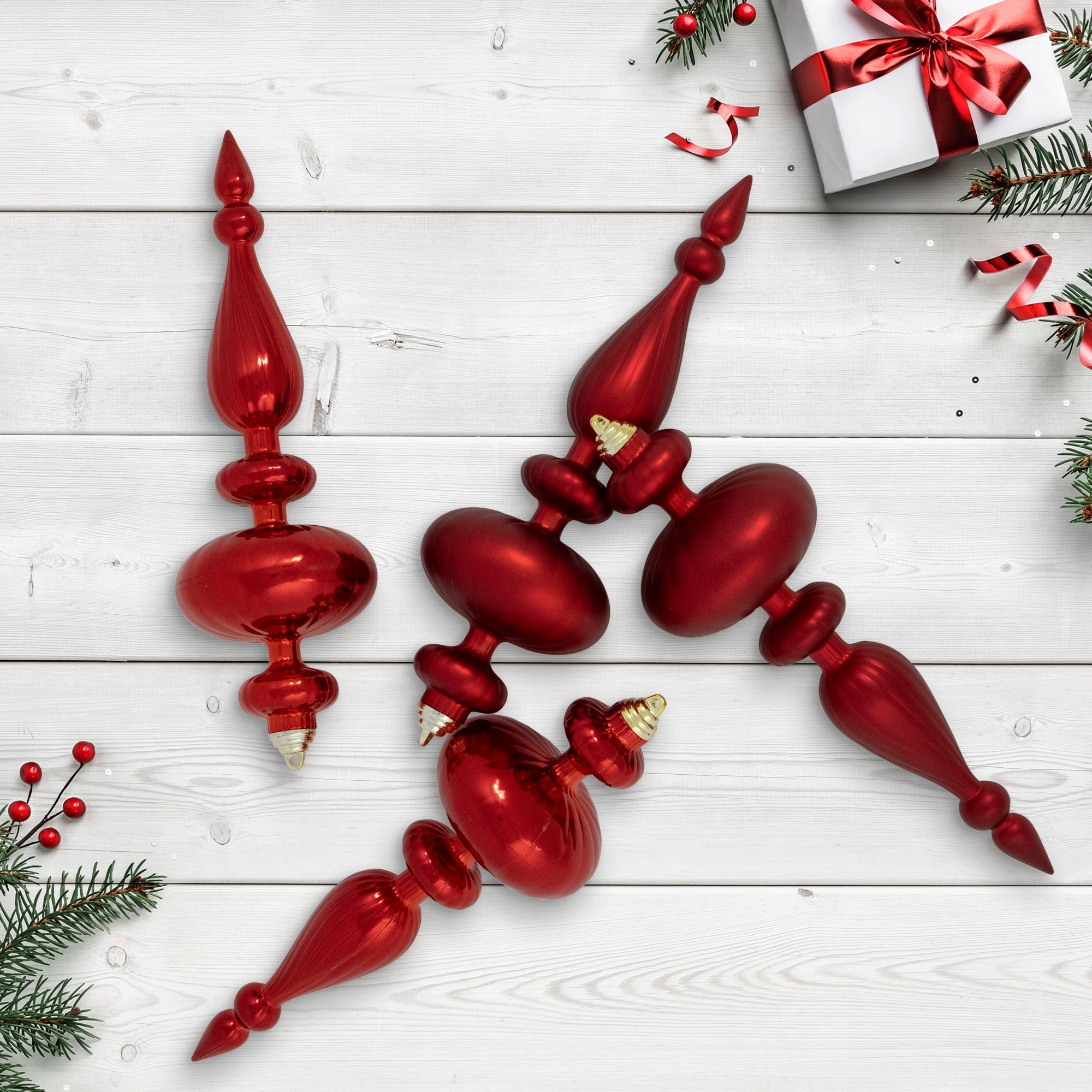 Commercial Size 2-Finish Finial Shatterproof Ornaments Red -12" 4ct