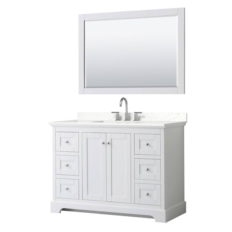 Avery 48-inch Single Vanity, Quartz Top, 46-inch Mirror - White, Chrome Trim, Giotto Quartz Top