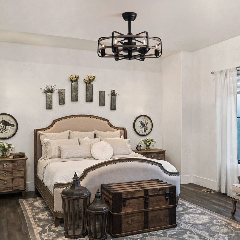 25" Caged Ceiling Fan with Light Remote Control 6-Light Farmhouse Ceiling Fan Fandelier Ceiling Fan with Light for Dining Room
