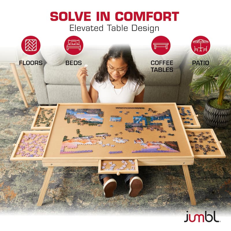 Jumbl Puzzle Board with Drawers, Foldable Legs & Cover - Wooden Jigsaw Puzzle Table - Brown