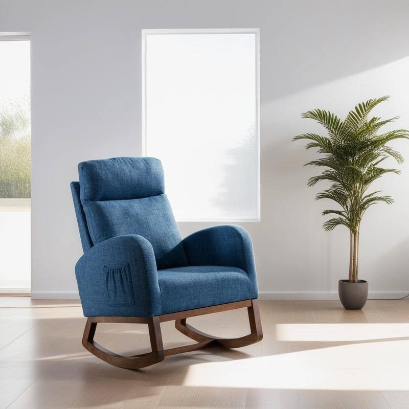 Modern Living Room Foam with Upholstery Comfortable Rocking Chair Solid Rubber Wood Chair with Side Pocket, Orange