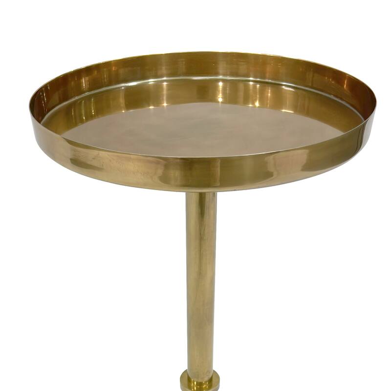 Ara 22 Inch Side End Table, Vintage Sleek Pillar Base, Round Tray Top, Oxidized Antique Brass