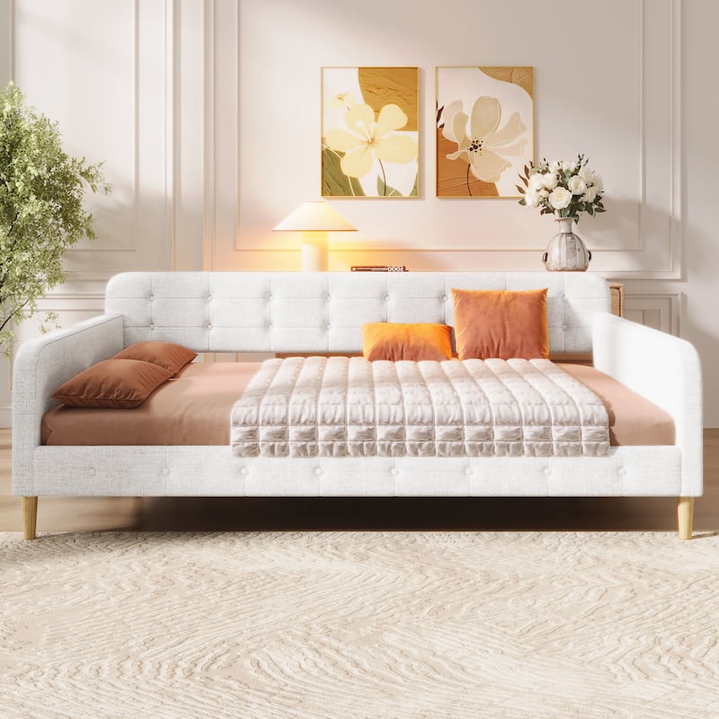 Queen Size Linen Upholstered Daybed with 4 Support Legs and Button-Tufted Design