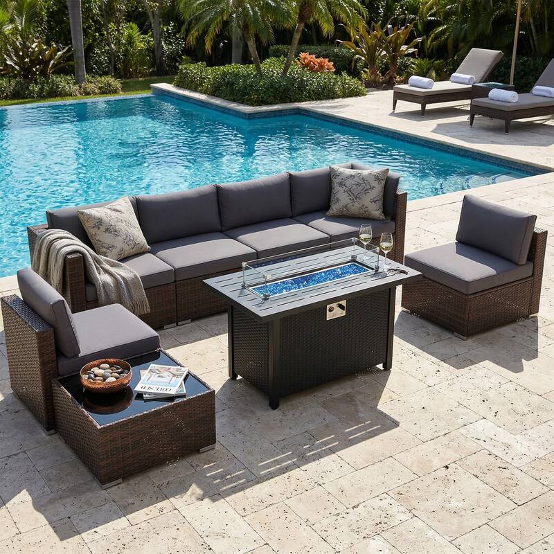 Outdoor Wicker Sectional Sofa 8-Piece Set with Fire Pit Table