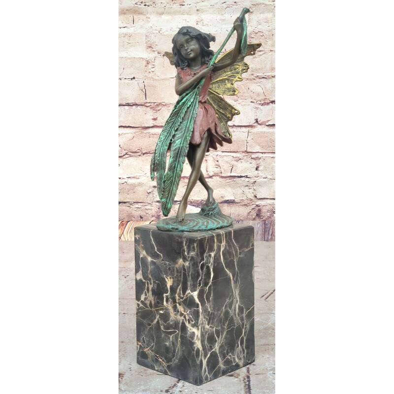 Bronze Fairy Holding Leaf Marble Base Signed By Artist Milo Mythical Figurine