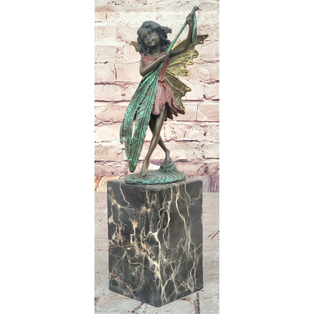 Bronze Fairy Holding Leaf Marble Base Signed By Artist Milo Mythical Figurine