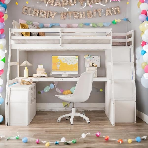 slide 2 of 52, Full Size Loft Bed with 7 Drawers 2 Shelves and Desk White