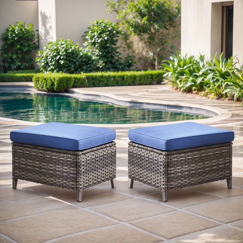 Gymojoy Outdoor Wicker Ottomans, Durable & Weather-Resistant with Olefin Cushions - Grey Wicker / Blue Cusion - 2-Piece