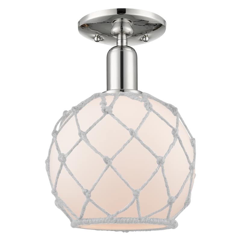 Innovations Lighting 716-1C-12-8 Farmhouse Rope Semi-Flush Farmhouse - Polished Nickel / White Glass with White Rope
