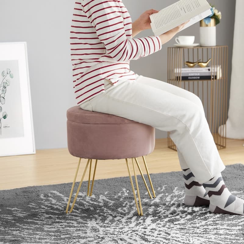 Round Velvet Storage Ottoman with Tray Top Table