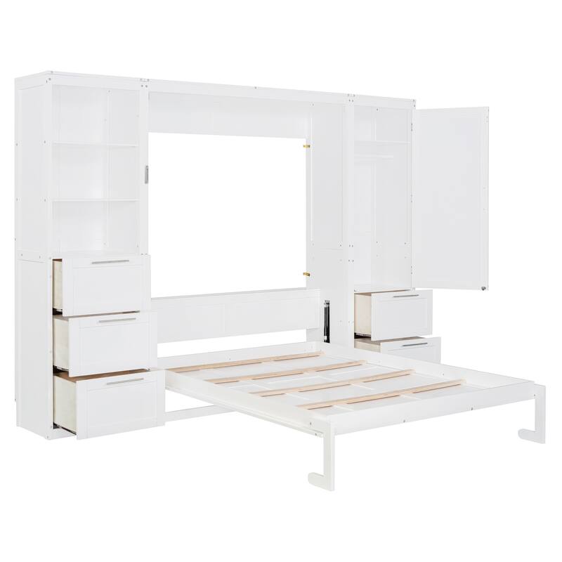 Queen Size Wall Bed with Closet, Drawers, and Shelves in White