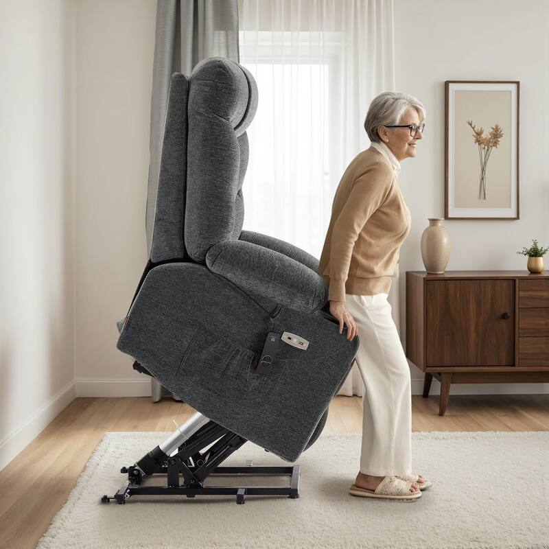 MCombo Power Lift Recliner Chair with Extended Footrest for Elderly People, Fabric - Dark Grey