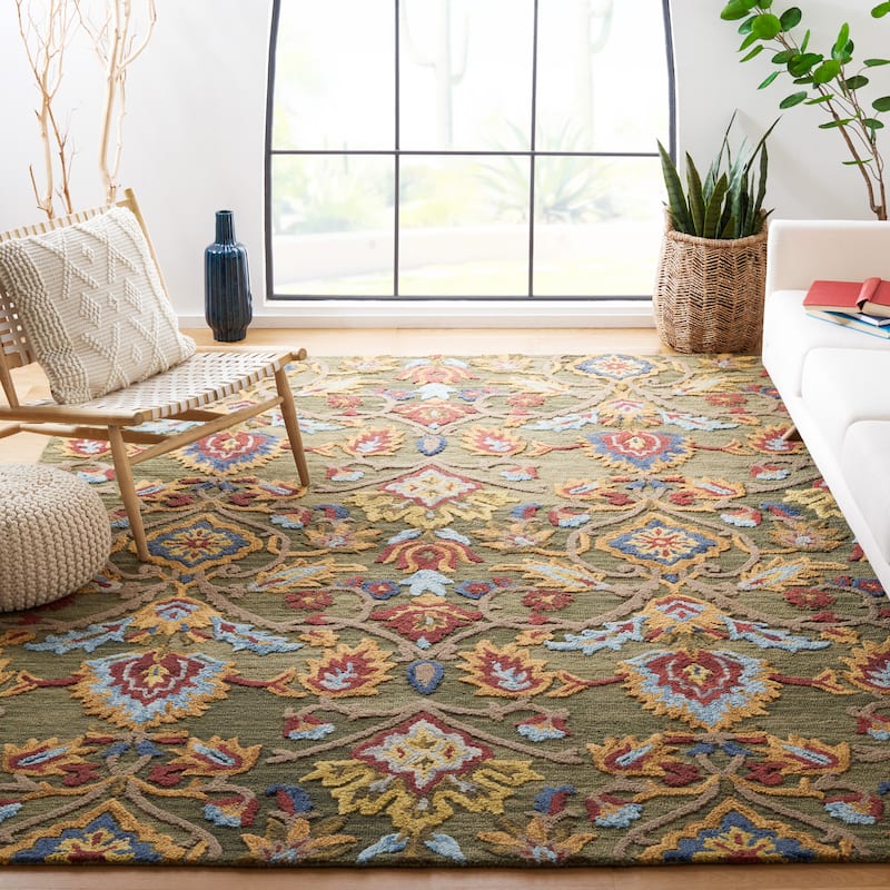 SAFAVIEH Fiorello Handmade Blossom French Country Wool Area Rug - 12' Square - Green/Multi