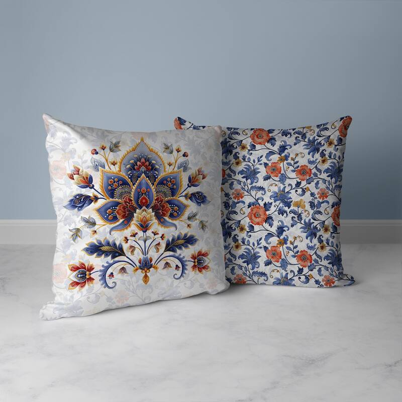 Paisley Petal Melody Faux Suede Reversible Throw Pillow Blue and Orange