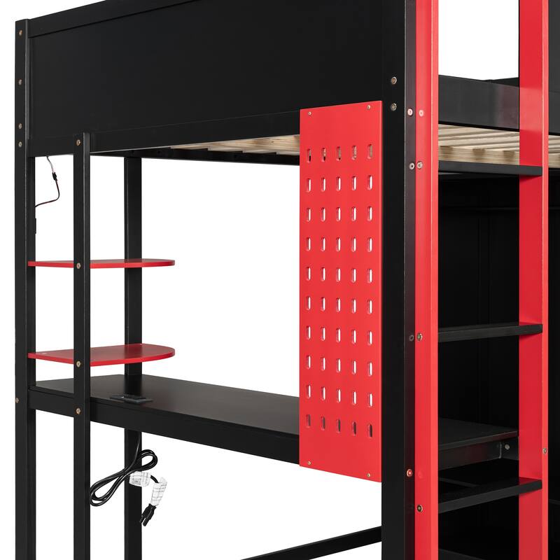 Full Size Gaming Loft Bed with Desk & Wardrobe, Wooden Storage Bed with RGB LED Lighting, Charging Station