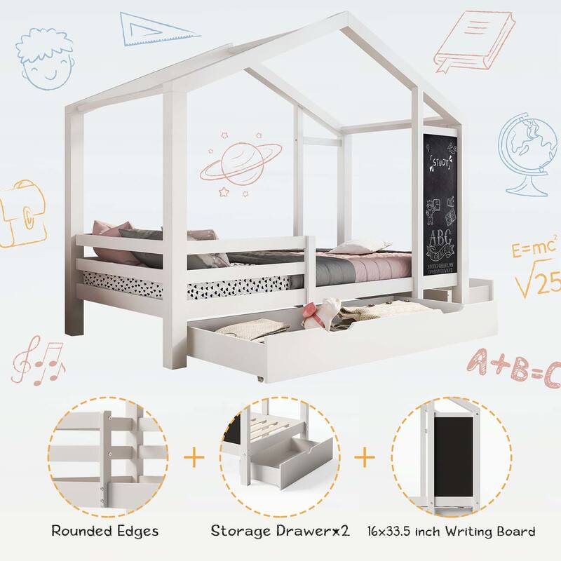 House Bed with Blackboard and Drawers,Creative and Space-Saving Design