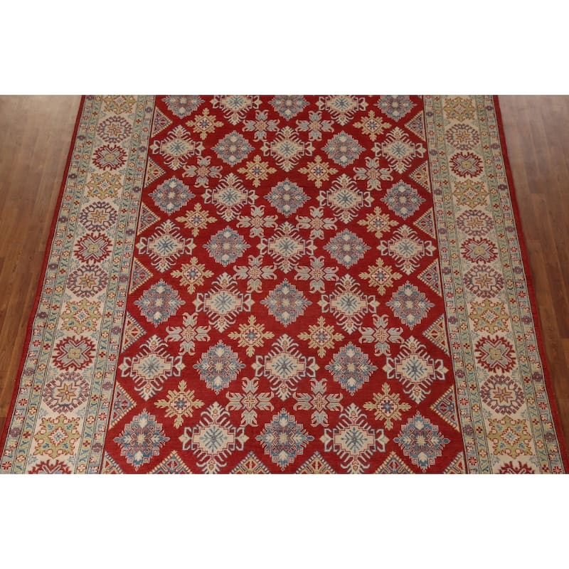 Red Geometric Kazak Oriental Area Rug Handmade Wool Carpet - 9'0" x 11'5"