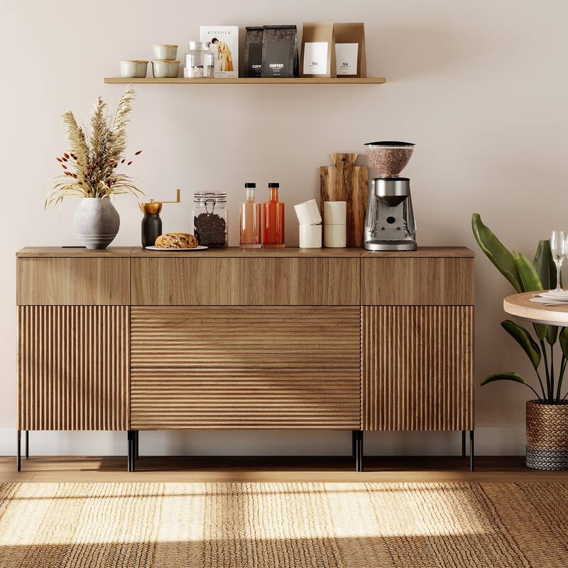 63" Wooden Reeded Sideboard With Built-In Charging Station, 3-In-1 Modern Credenza - Walnut