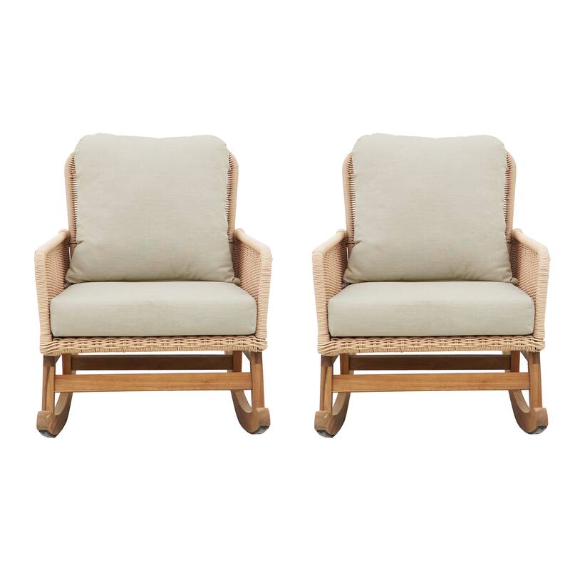 [Set of 2] Contemporary Minimalist Wicker Rocking Chair with Soft Polyester Cushions and Durable Wooden Frame