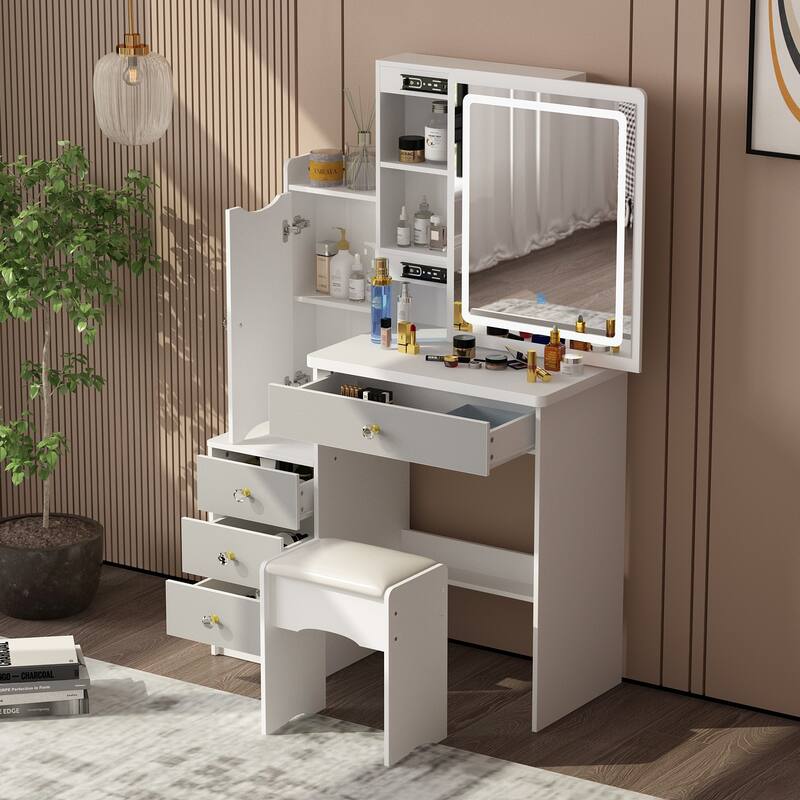 4-Drawer Makeup Organizer Vanity Table Set with LED-lit Mirror Dresser