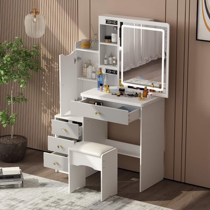 Timechee Makeup Vanity Set with Sliding Lighted Mirror Dressing Table - 33"L x 15.7"W x 52.4"H - Grey