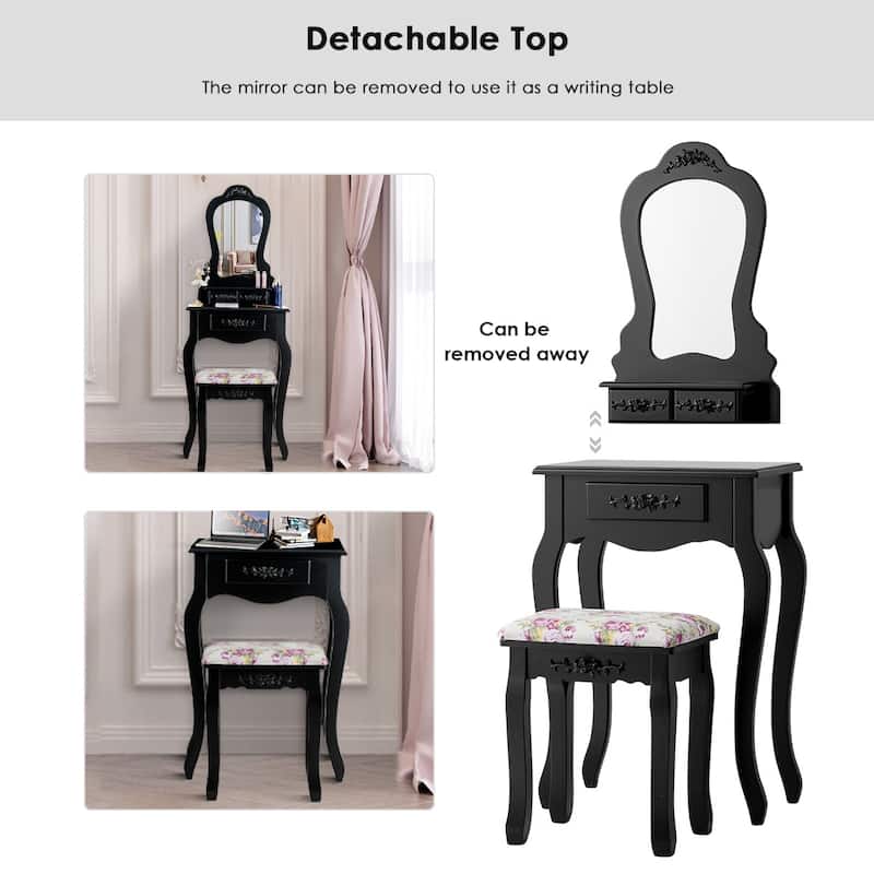 Costway Vanity Wood Makeup Dressing Table Stool Jewelry Desk Black