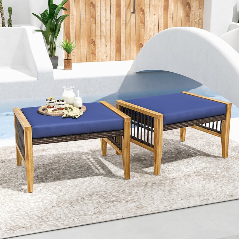 Outdoor Rattan Ottomans Set of 2 with Navy Cushions Acacia Wood Frame Footrest or Seat - 25.5" x 19.5" x 16"