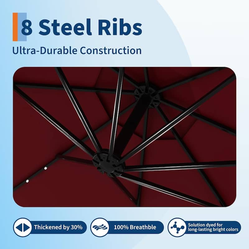 10ft Solar Lights Patio Umbrella, Cantilever Umbrella with Easy Lift and Tilt Adjustment