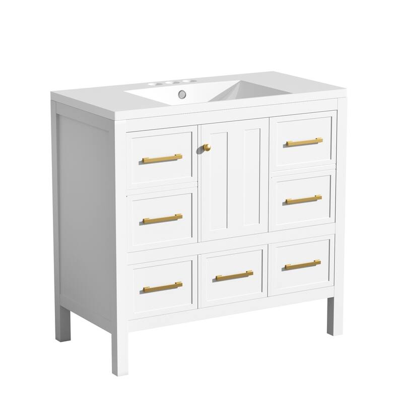 GDFStudio - Rivinia Modern Freestanding Bathroom Vanity Set with Resin Sink and 5 Drawers & Soft Closing Doors - 36'W