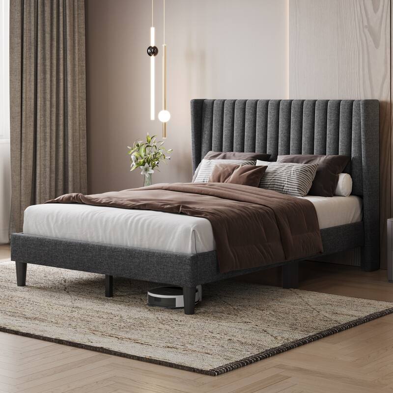 Yaheetech Upholstered Bed Frame with Wing Side Fabric Upholstered Bed with Headboard - Dark Gray - Full