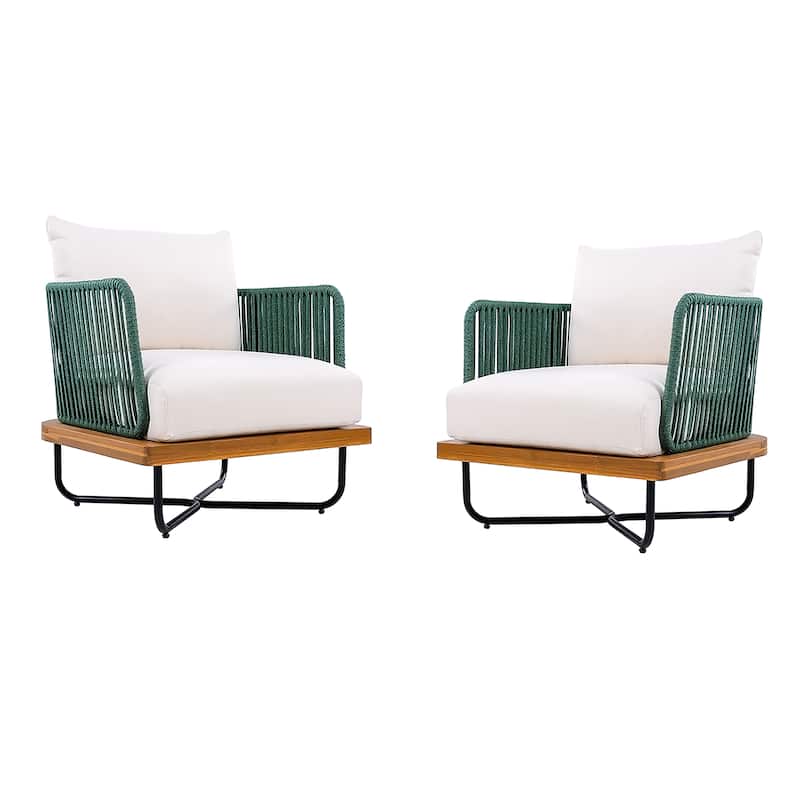 Christopher Knight Home - Emerson Coastal Acacia Wood Outdoor Chair with Cushions - 2-Piece - Teak finsh+Beige cushion+Grey rope