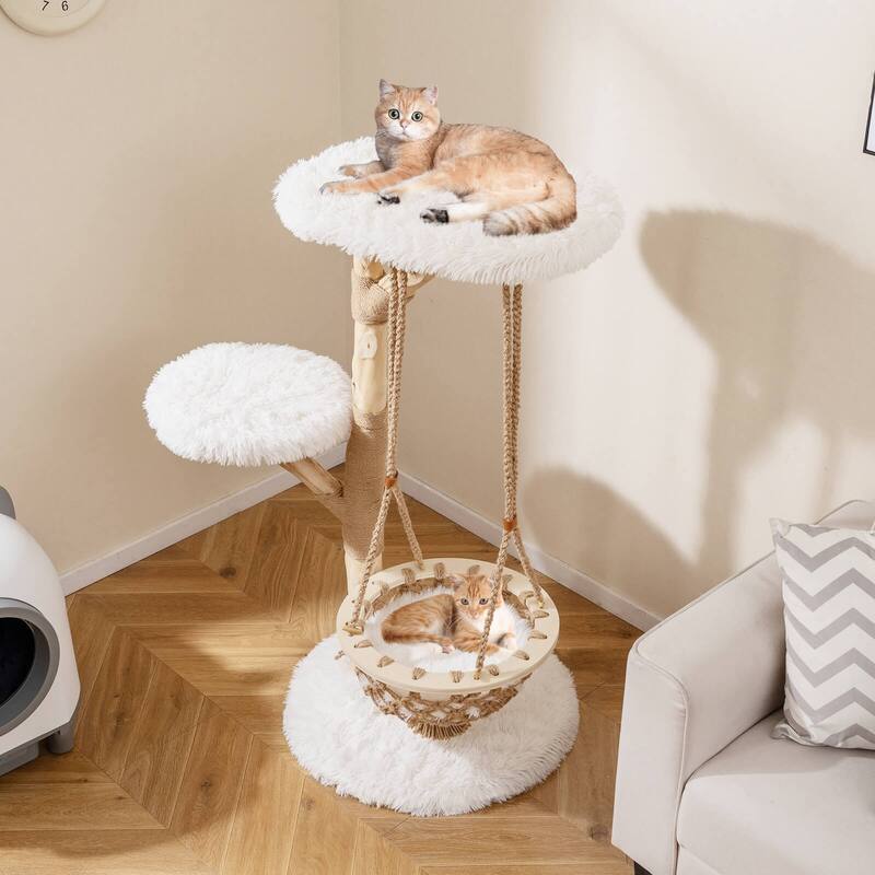 Costway 48.5” Solid Wood Cat Tree with Hanging Cradle Jute Scratching - as pic shows - See Details
