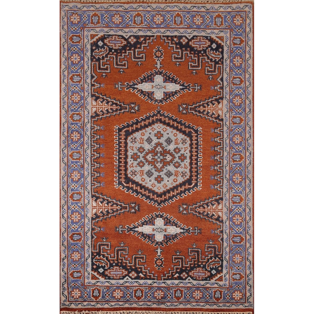 Orange Geometric Viss Indian Area Rug Hand-Knotted Wool Carpet - 4'0"x 6'3"