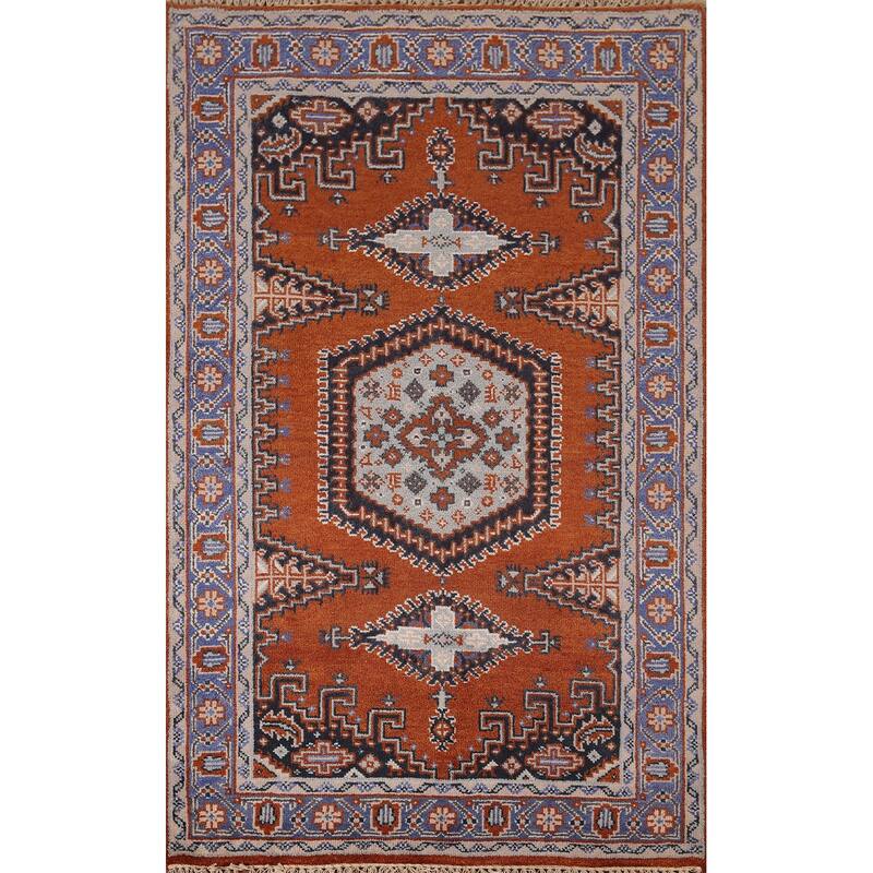 Orange Geometric Viss Indian Area Rug Hand-Knotted Wool Carpet - 4'0"x 6'3"