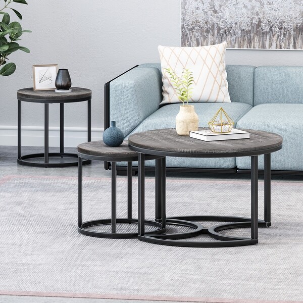 Round Nesting Coffee Table Set of 3 with Sturdy Metal Base