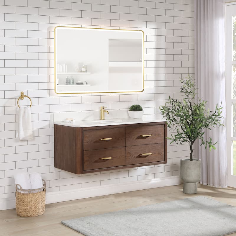 Cristo Floating Bath Vanity with White Quartz Stone Top and Mirror